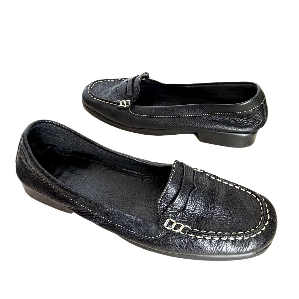 Aerosoles Shoes Womens 9.5 Soft Black Pebbled Leather White Hand Stitched